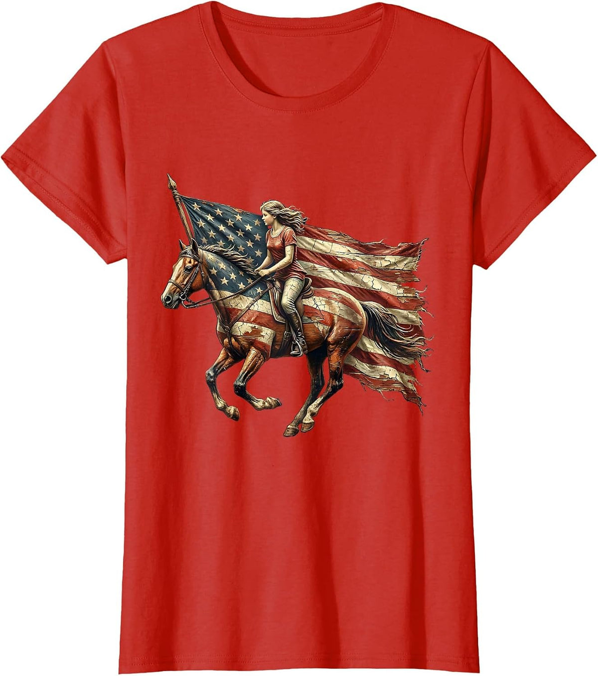 Patriotic Horseback Rider with Streaming Flag T-Shirt - Red