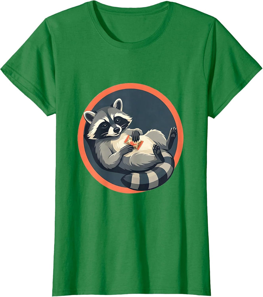 Women's Trash Panda Raccoon Snack Humor Flat Vector T-Shirt - Kelly Green