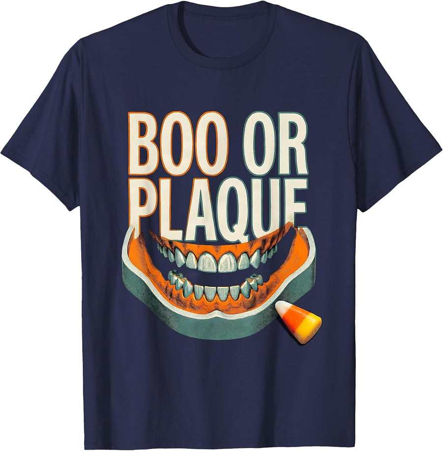 Boo Or Plaque Funny Dental Hygienist Halloween Work Humor T-Shirt - Navy Blue