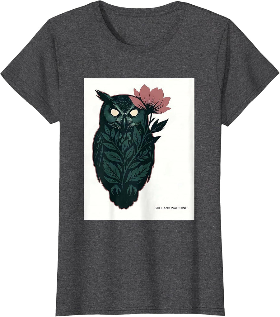 Women's Still and Watching Cottagecore Owl Floral Aesthetic T-Shirt - Dark Heather Grey