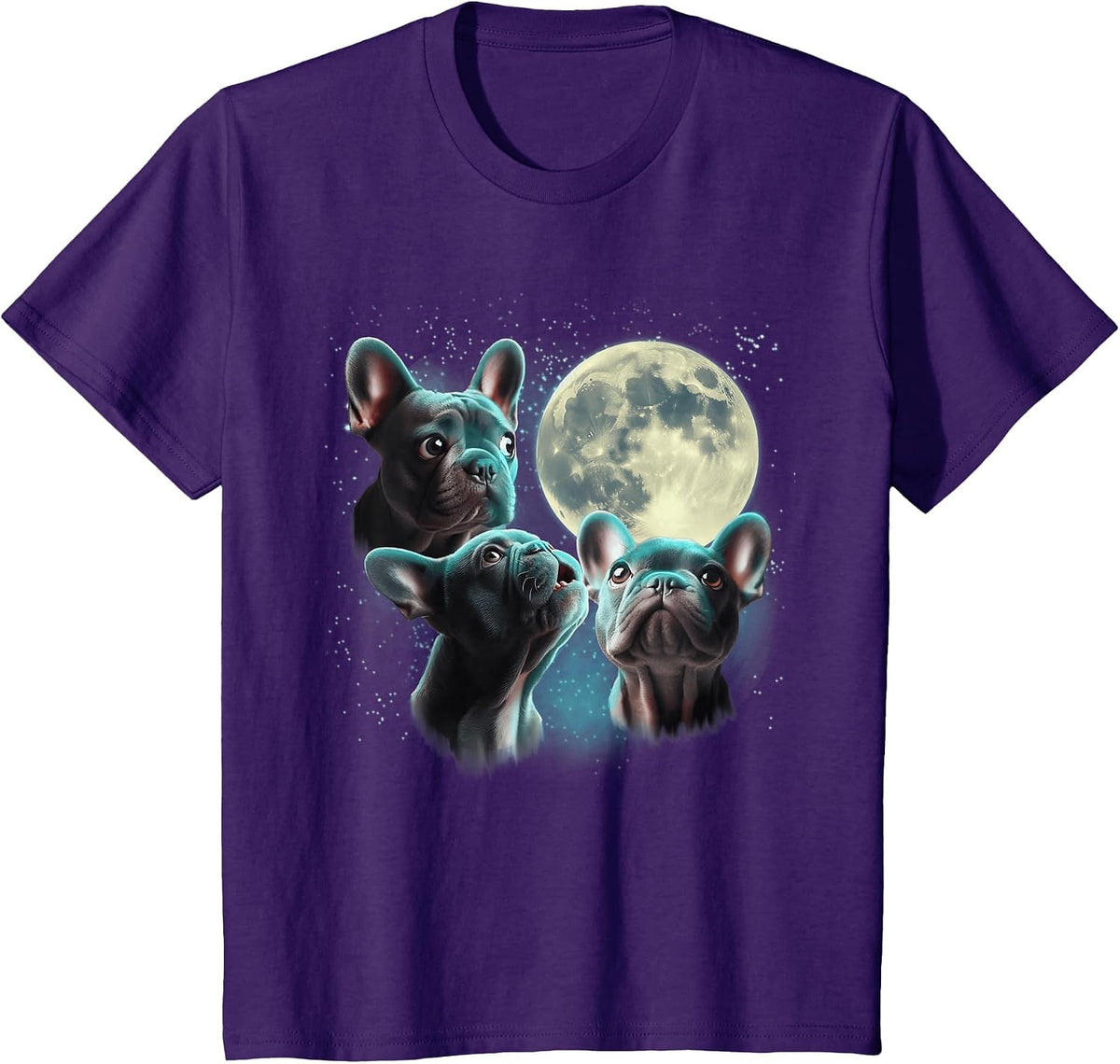 Funny Three French Bulldog Moon, 3 Frenchie Blue, Weird Cute T-Shirt - Purple