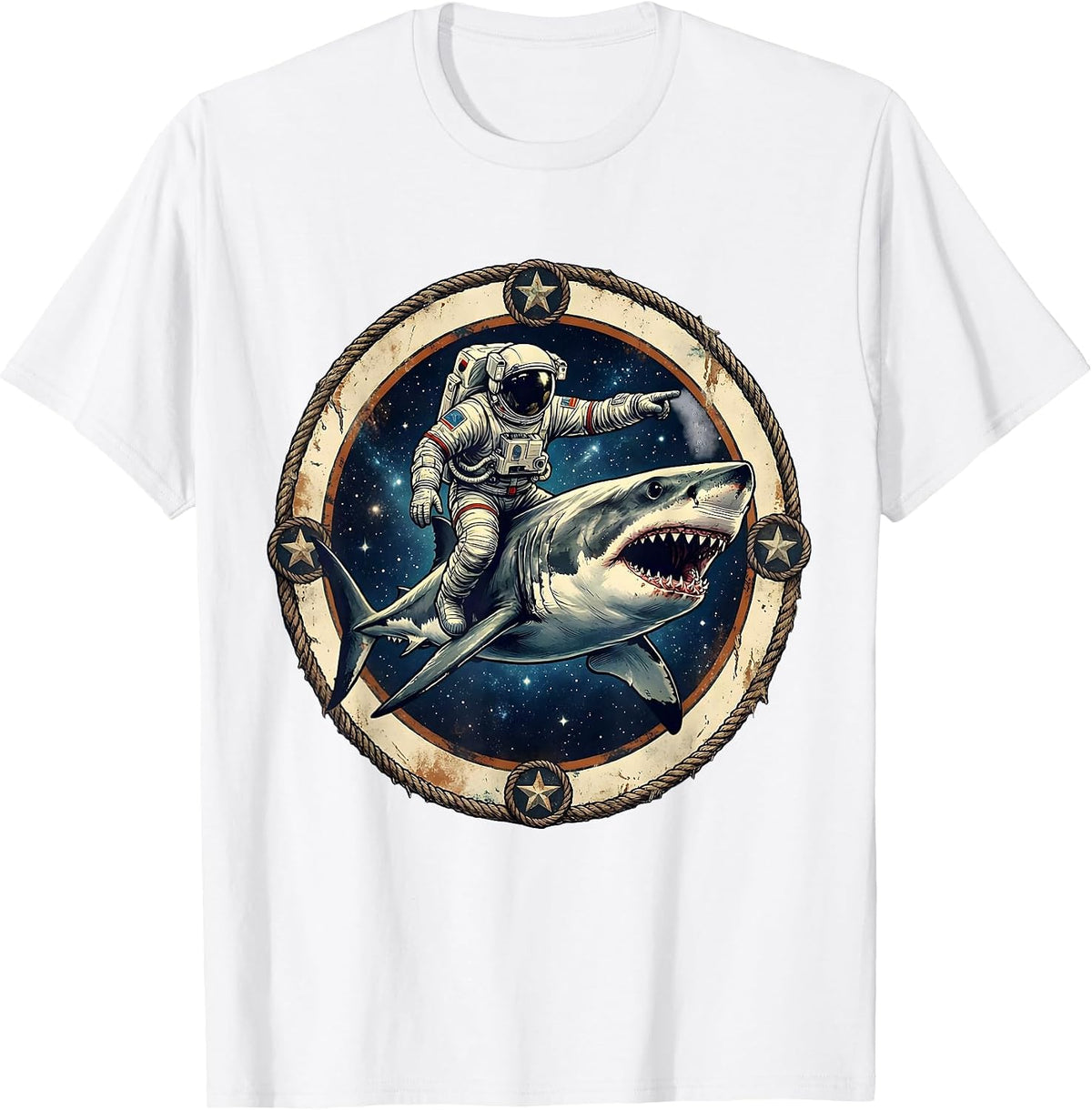 Men's Astronaut Riding a Shark Through Outer Space T-Shirt - White