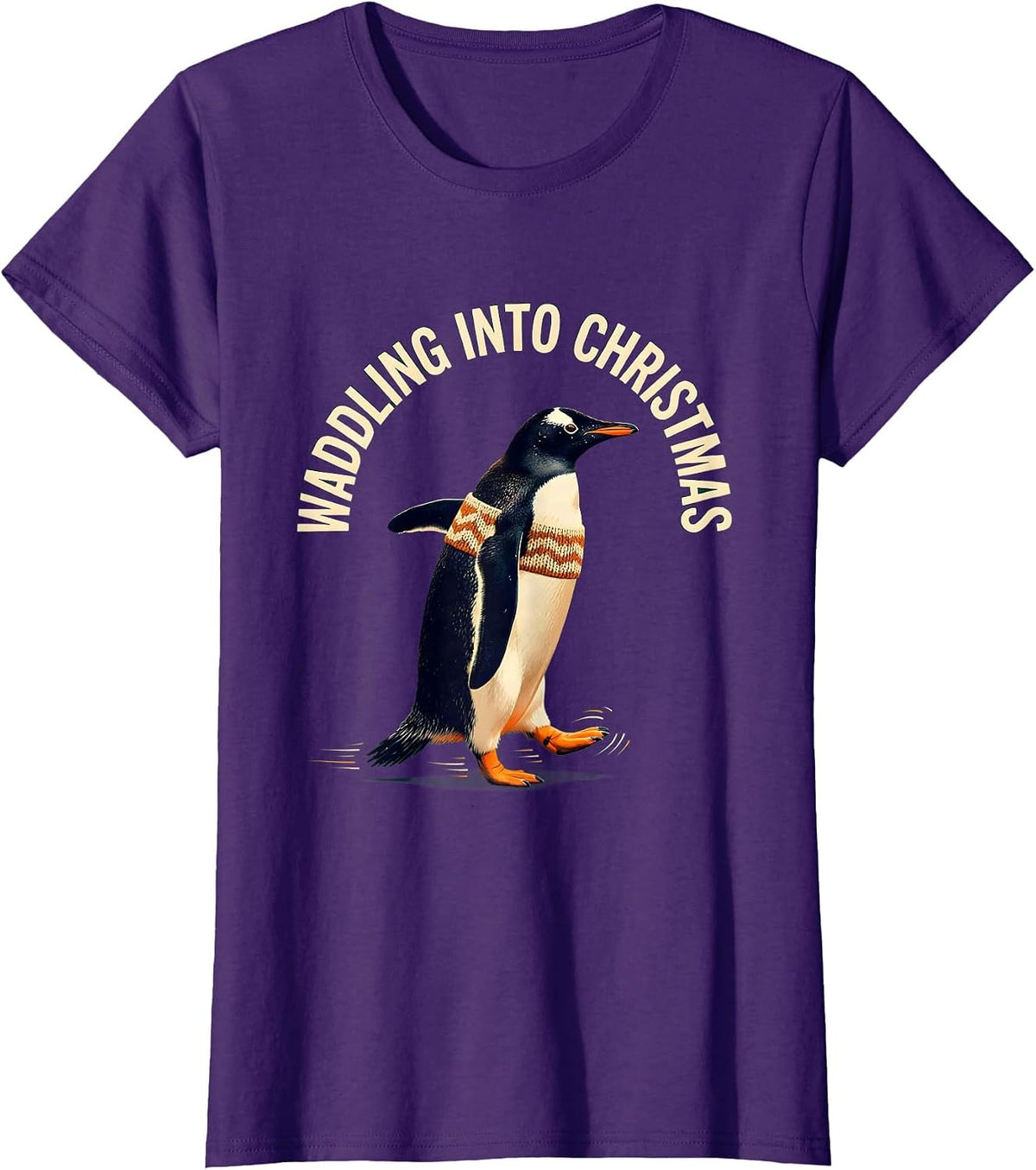 Women's Waddling Into Christmas Funny Penguin Lover Ugly Christmas T-Shirt - Purple