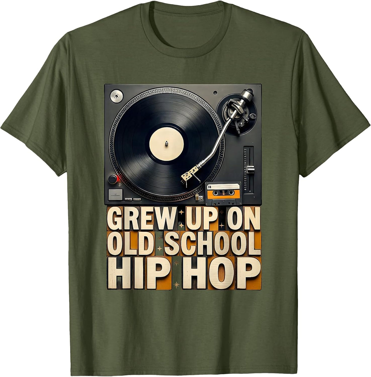 Men's Grew Up On Old School Hip Hop Retro Cassette Rap Nostalgia T-Shirt - Olive Green