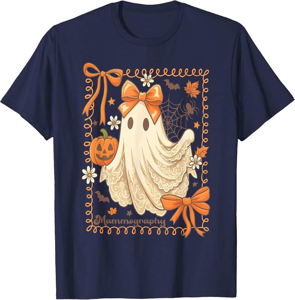 Fall Mammo Tech Halloween Ghost Bow Coquette Mammographer T-Shirt - Navy Blue