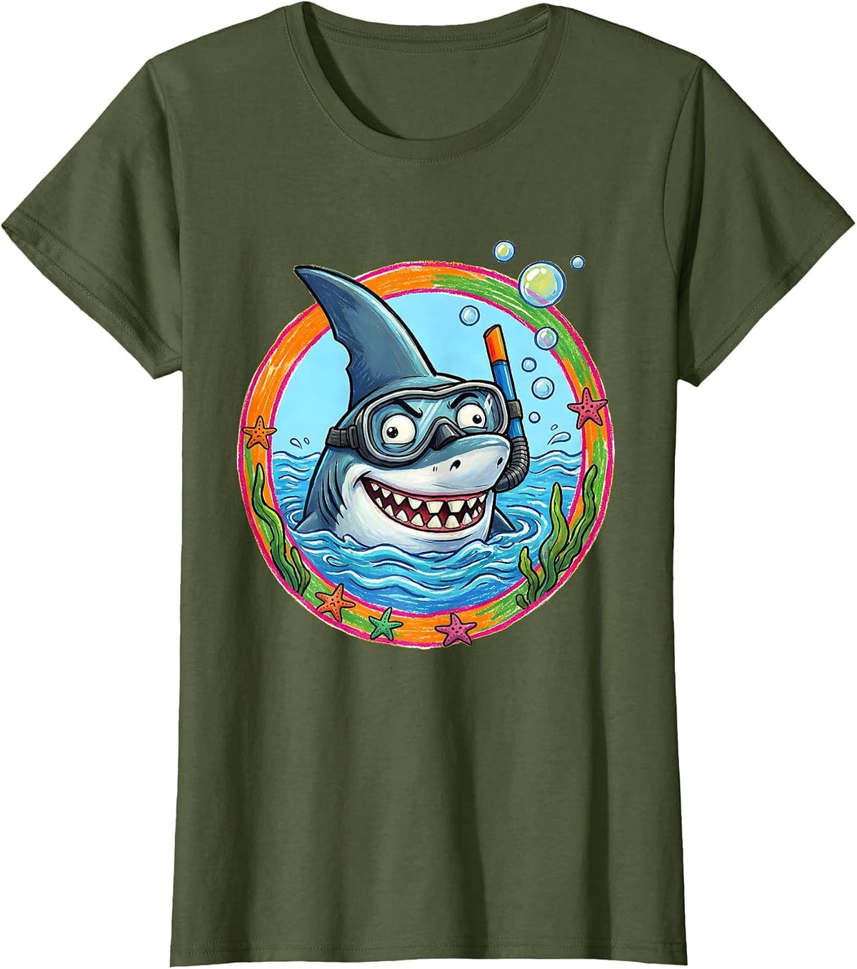 Women's Derpy Shark in Snorkel Underwater Funny Design T-Shirt - Olive Green