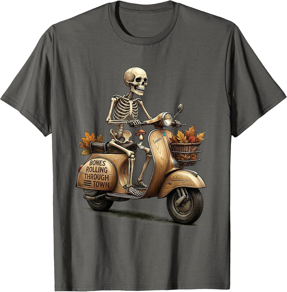 Halloween Skeleton Scooter Riding Through Town T-Shirt - Asphalt Grey