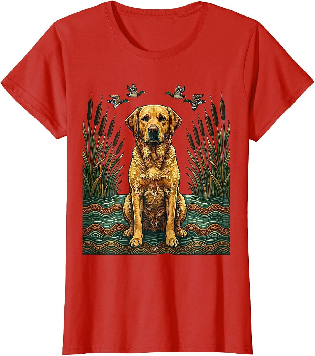 Duck Camo Hunting Dog Alert in Flooded Field T-Shirt - Red