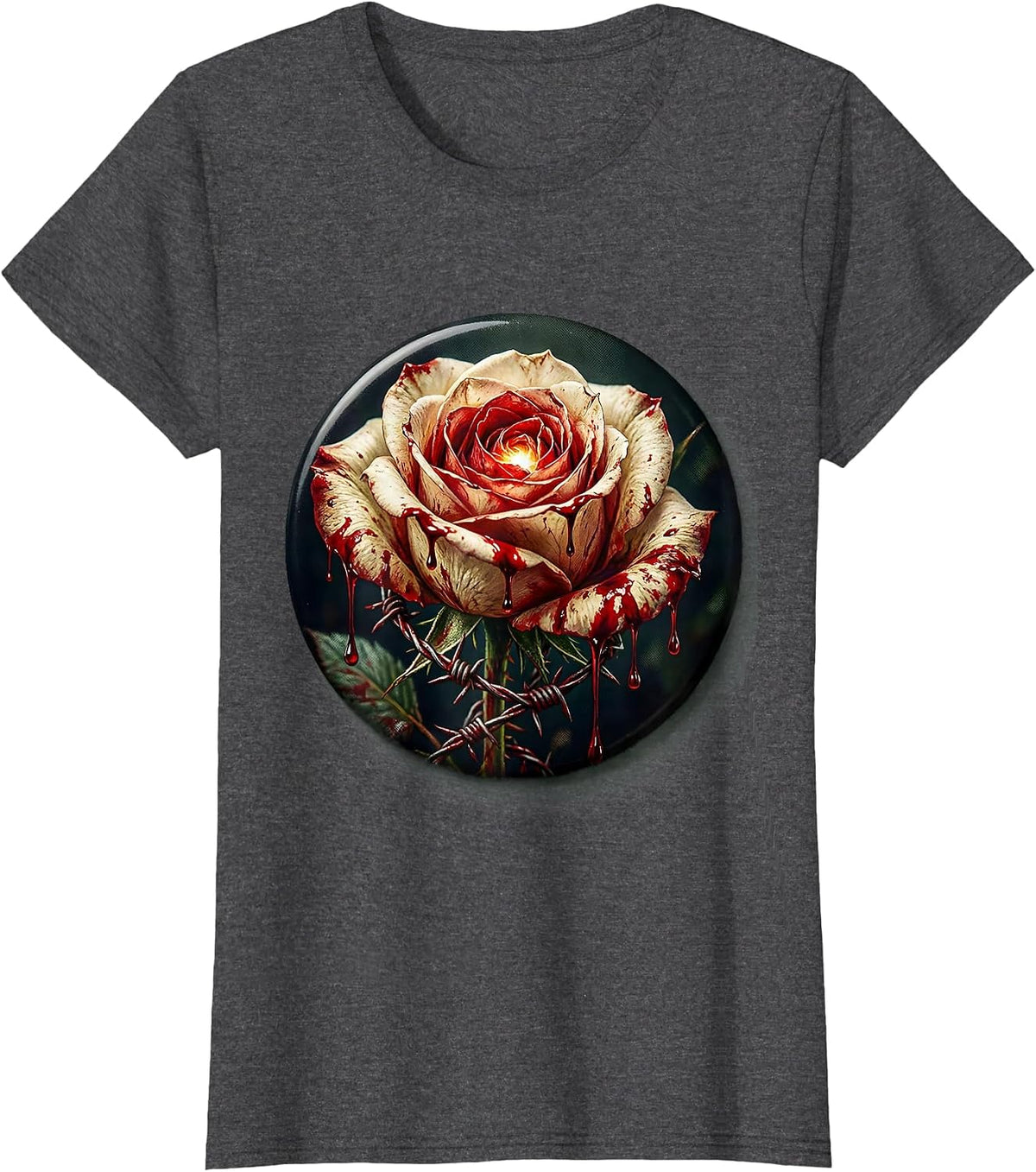 Women's Bleeding Thorned Rose Barbed Wire Dark Art T-Shirt - Dark Heather Grey