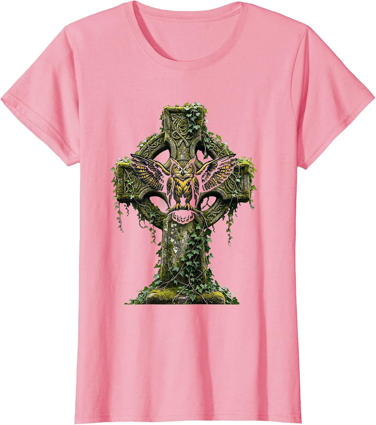 Women's Halloween Owl on Mossy Stone Cross Illustration T-Shirt - Pink