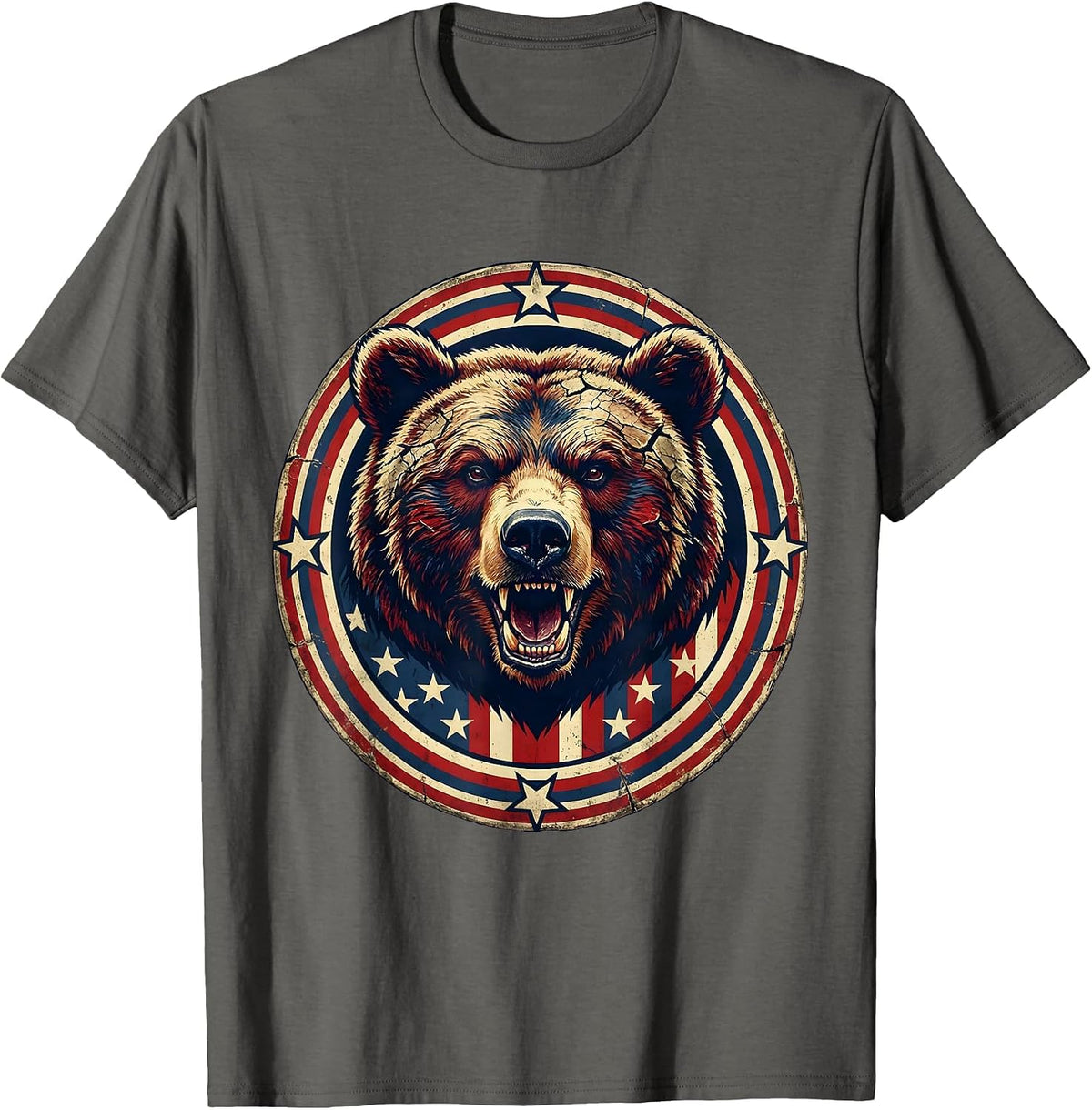 Patriotic Roaring Bear Stars and Stripes Design T-Shirt - Asphalt Grey