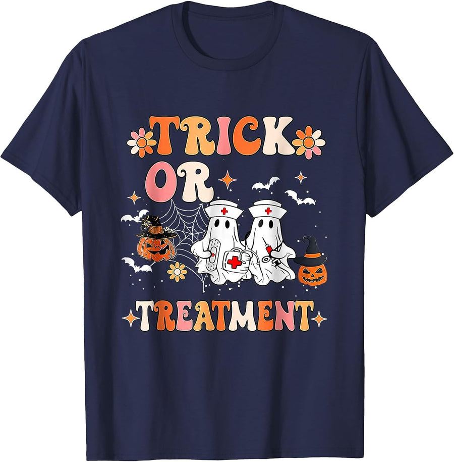 Trick Or Treatment Halloween Radiation Oncology Rad Therapy T-Shirt - Navy Blue