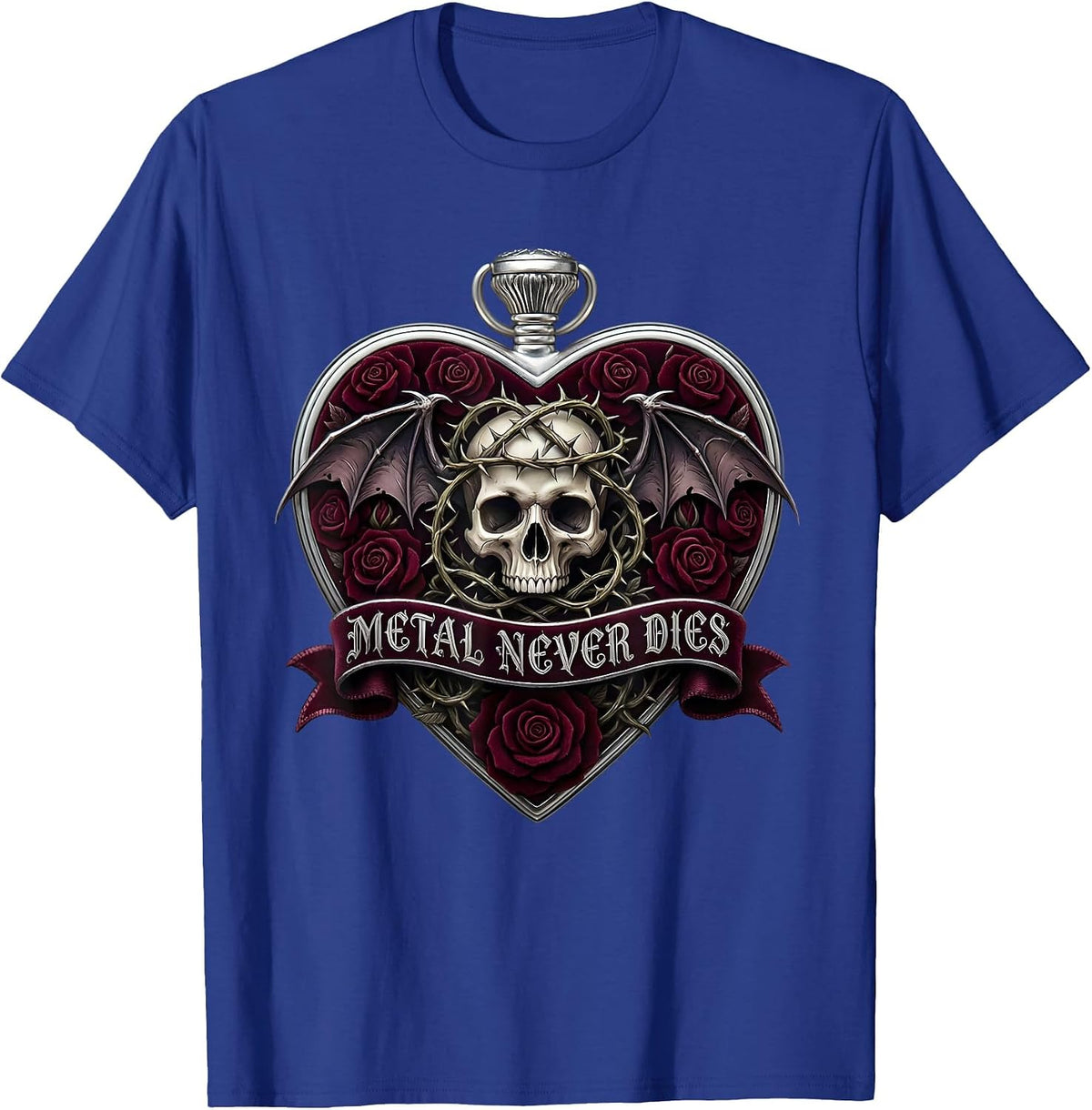 Metal Never Dies Heavy Metal Graphic Design T-Shirt - Royal Blue