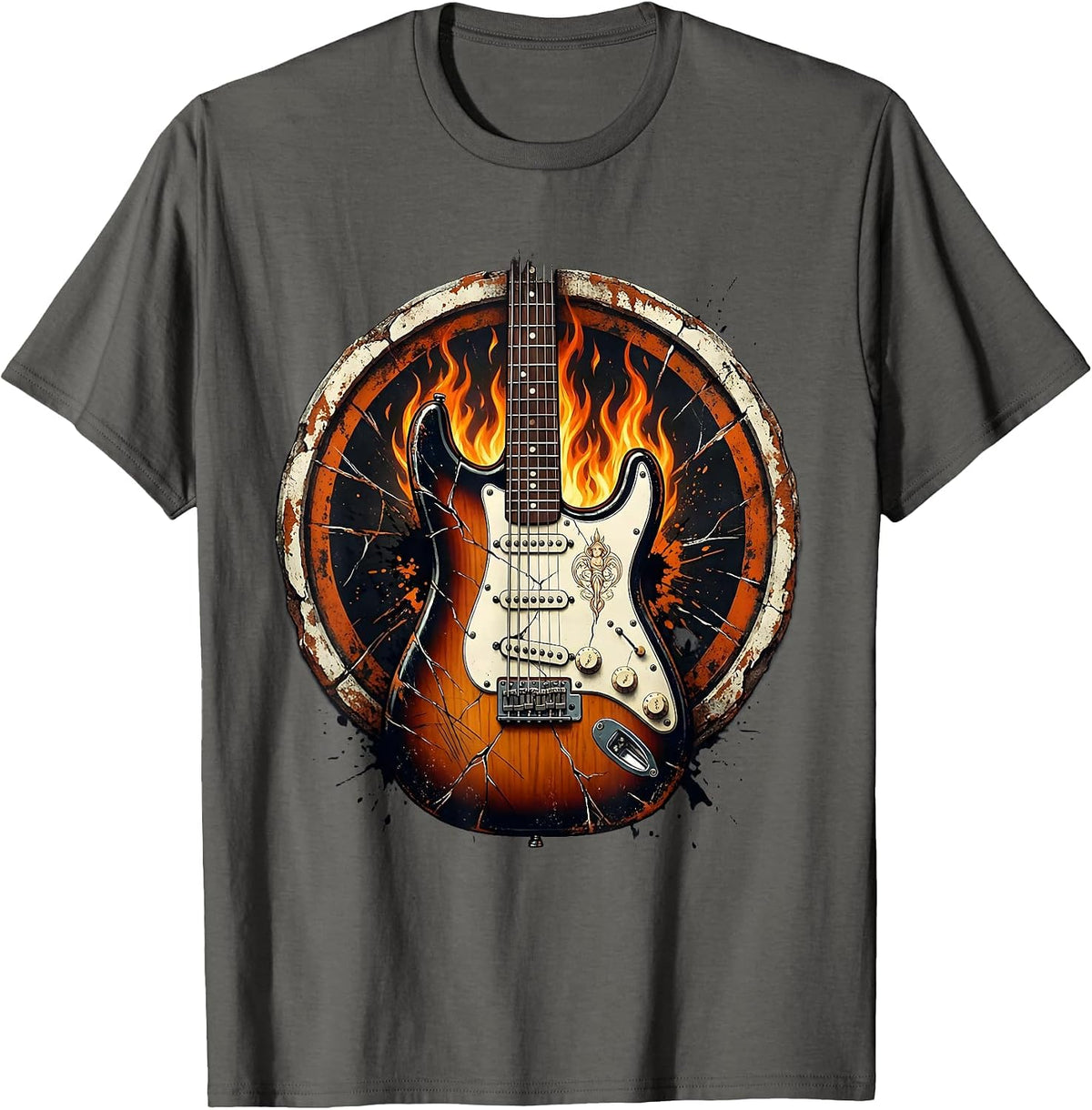 Cracked Electric Guitar Flames Rock and Roll Design T-Shirt - Asphalt Grey