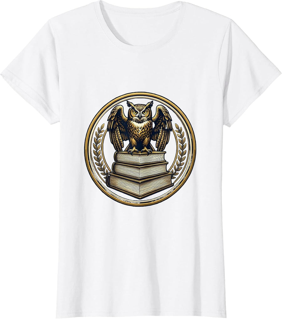 Women's Wise Owl on Stacked Books Illustration T-Shirt - White