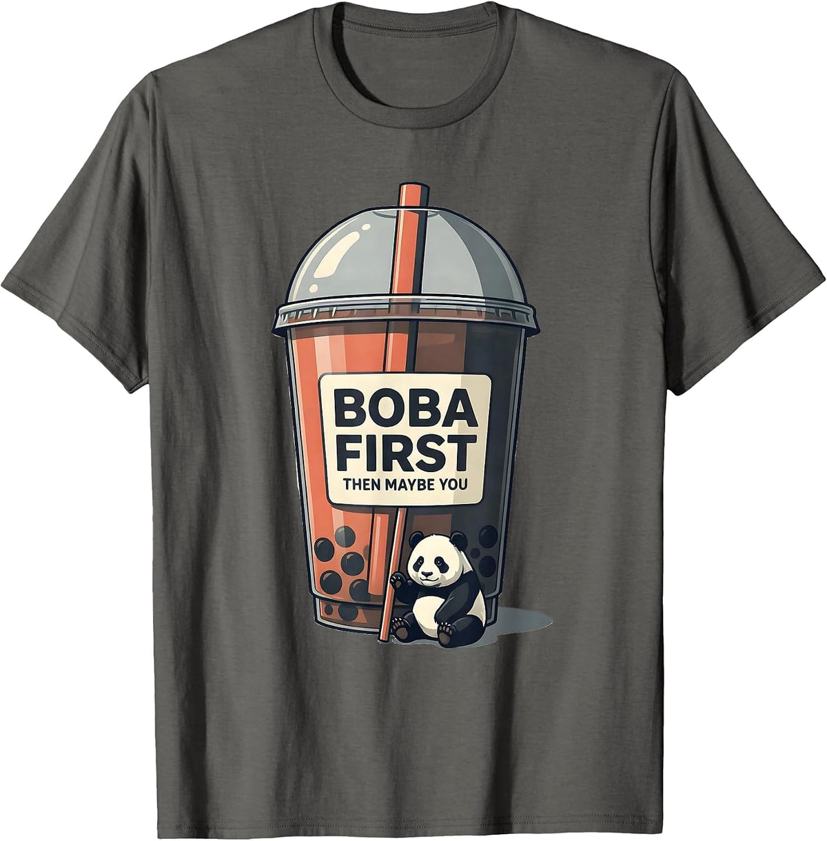Boba First, Then Maybe You Cute Kawaii Panda Anime Bubble T-Shirt - Asphalt Grey