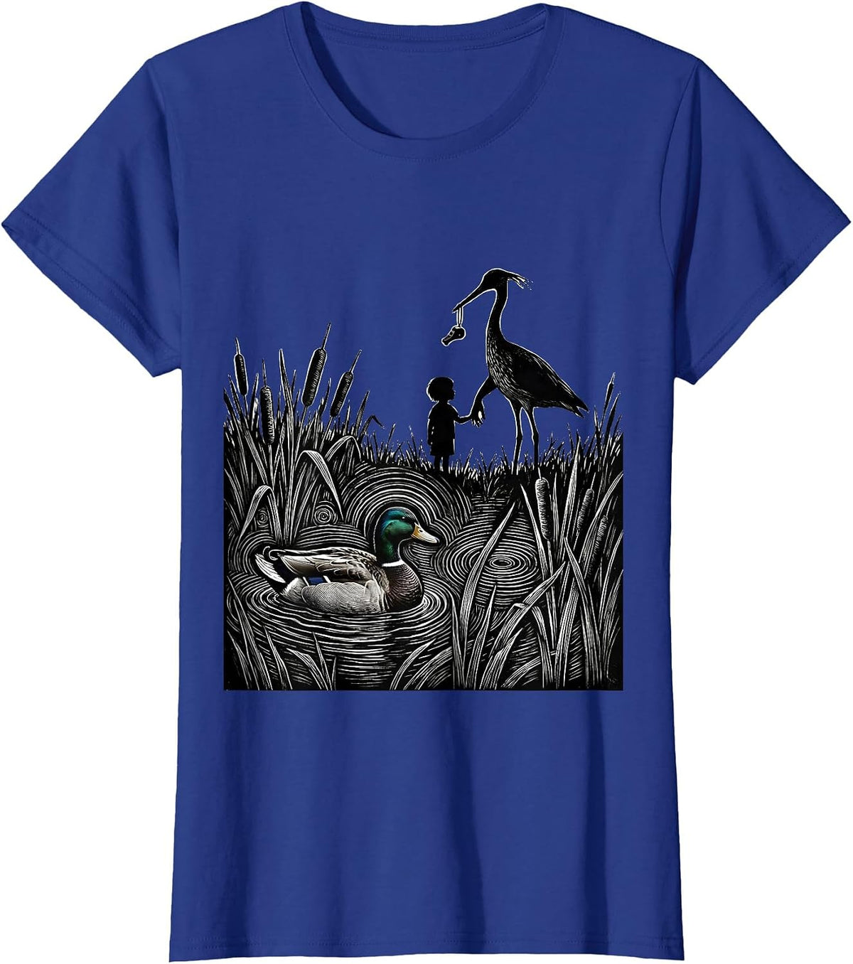 Women's Duck Hunting Mallard Family Silhouette Scratchboard Camo T-Shirt - Royal Blue