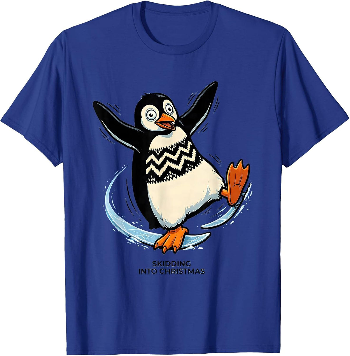 Men's Skidding Into Christmas Funny Ugly Christmas Penguin Novelty T-Shirt - Royal Blue