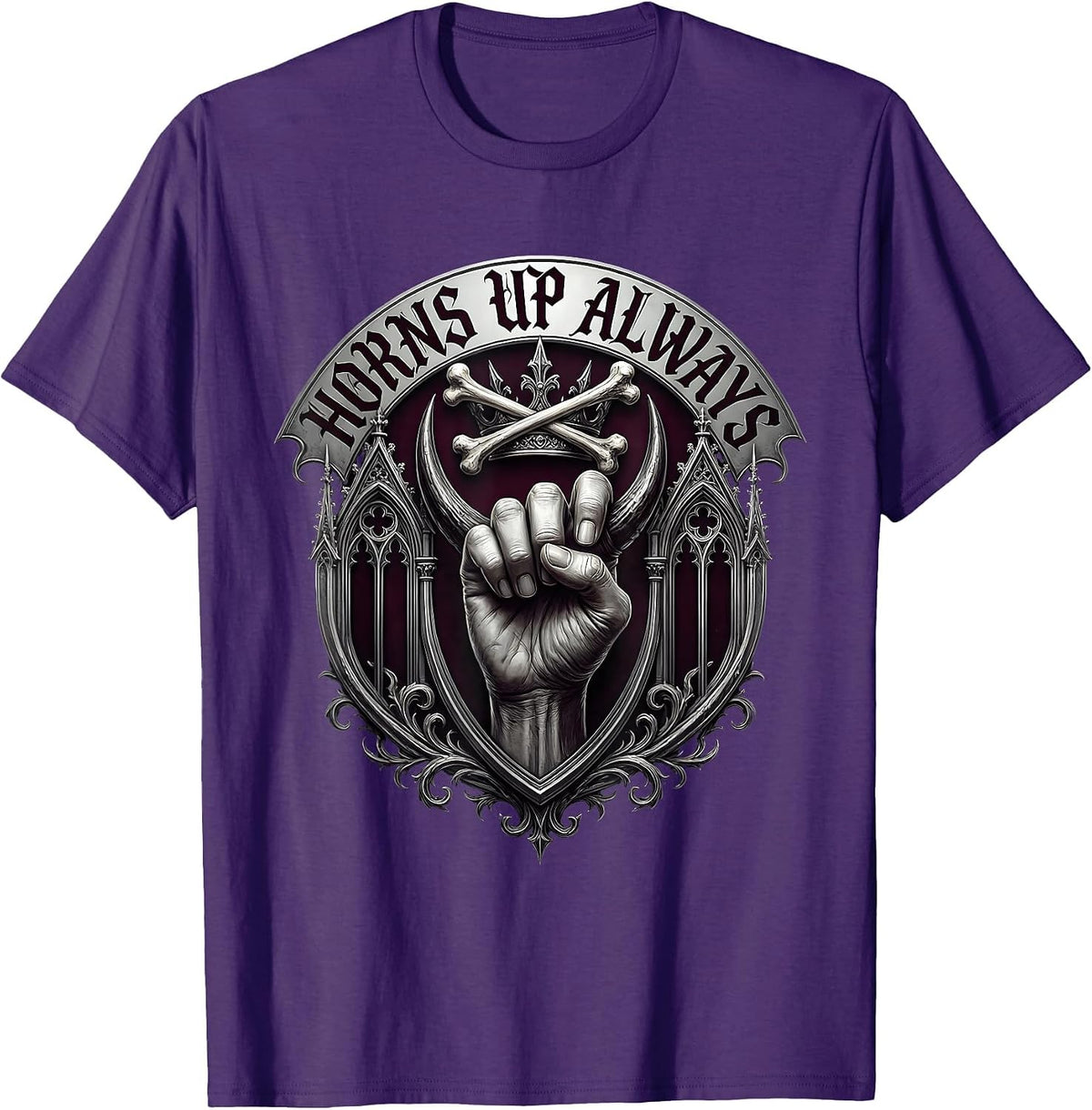 Horns Up Always Heavy Metal Graphic Design T-Shirt - Purple
