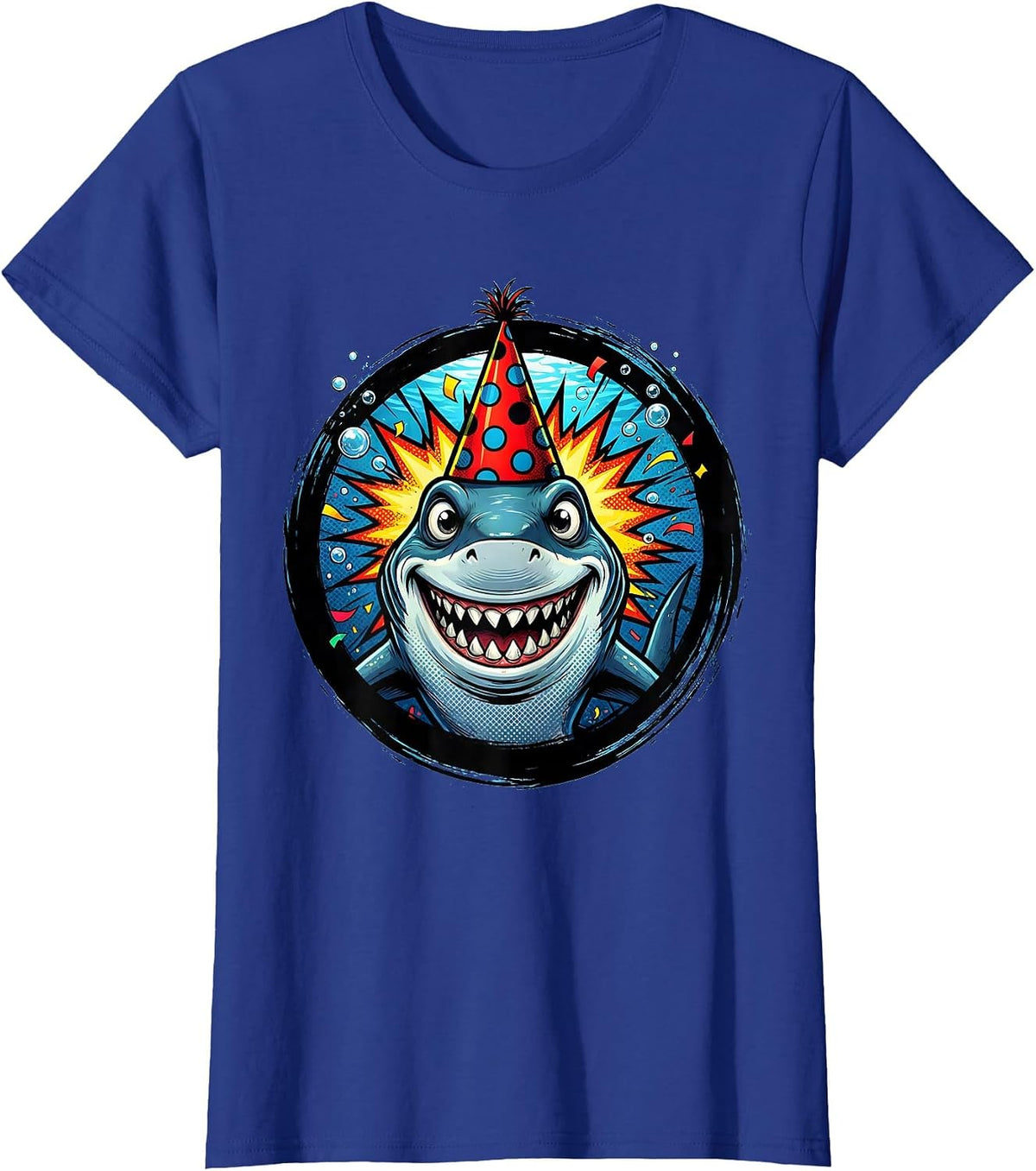 Women's Birthday Boy Shark Party Hat Underwater Scene T-Shirt - Royal Blue