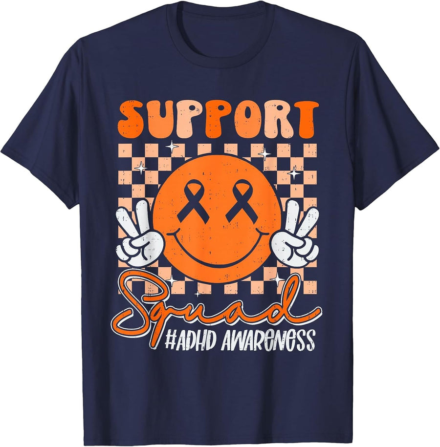 Suppport ADHD Awareness Smile Ribbon Orange Girl Teen Kids T-Shirt - Navy Blue