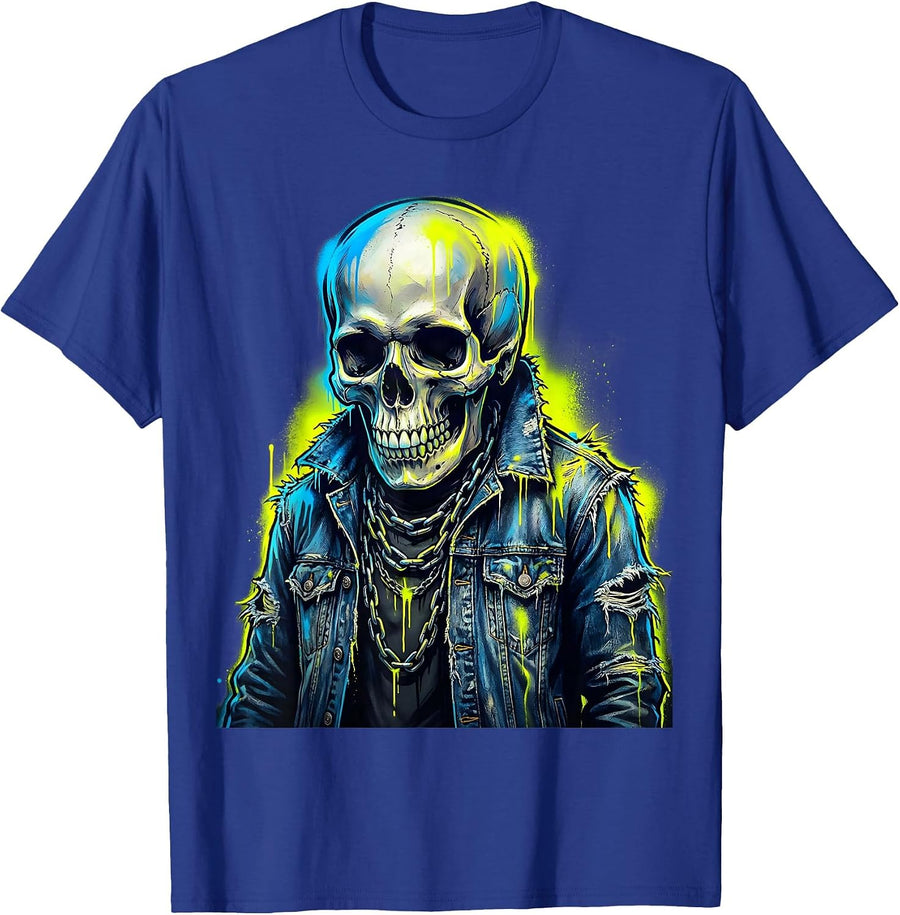 Grunge Skull Torn Denim Jacket and Chains T-Shirt - Royal Blue