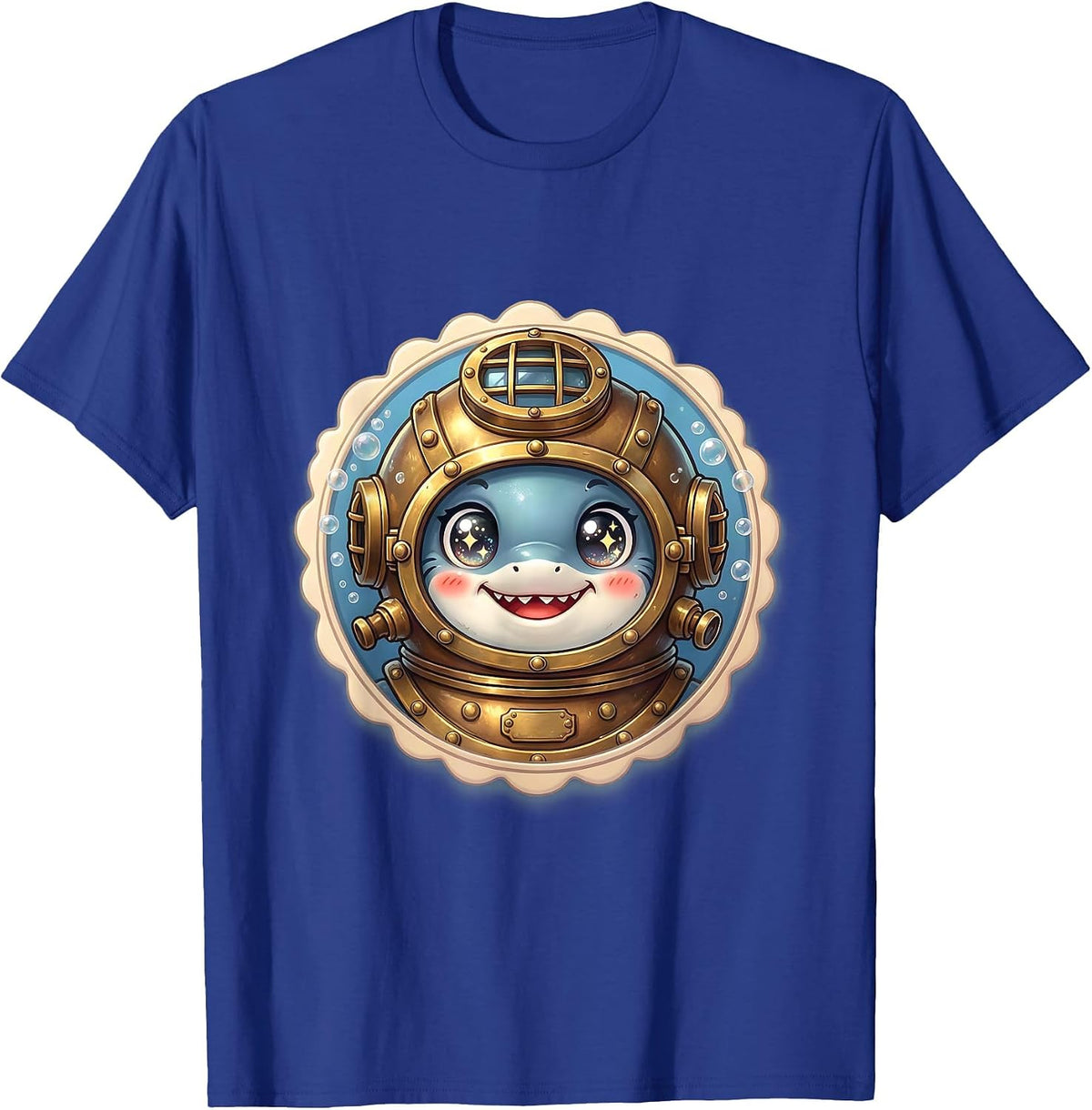 Shark in Vintage Diving Helmet Illustration T-Shirt - Royal Blue