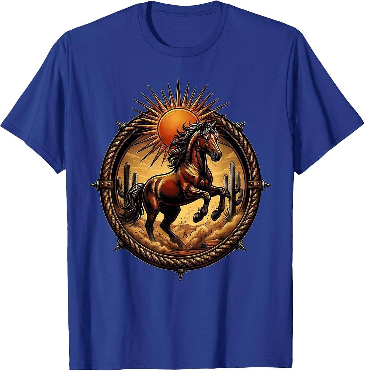 Horse Galloping Through Desert Dust Cowboy Tee T-Shirt - Royal Blue