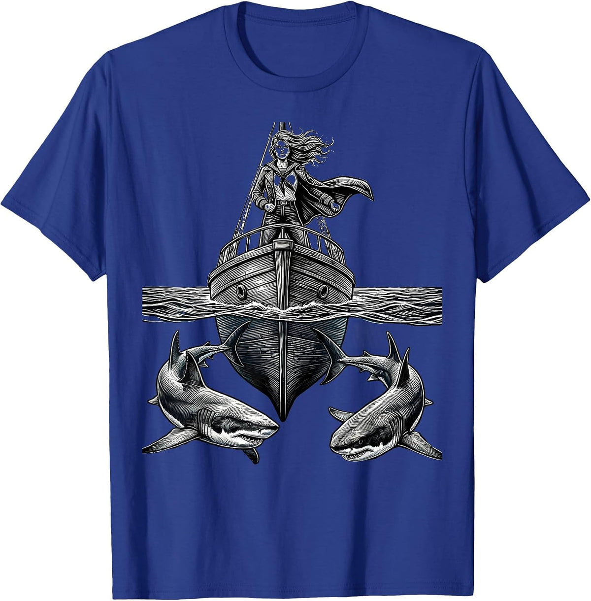Sailor and Sharks Ocean Adventure Graphic T-Shirt - Royal Blue
