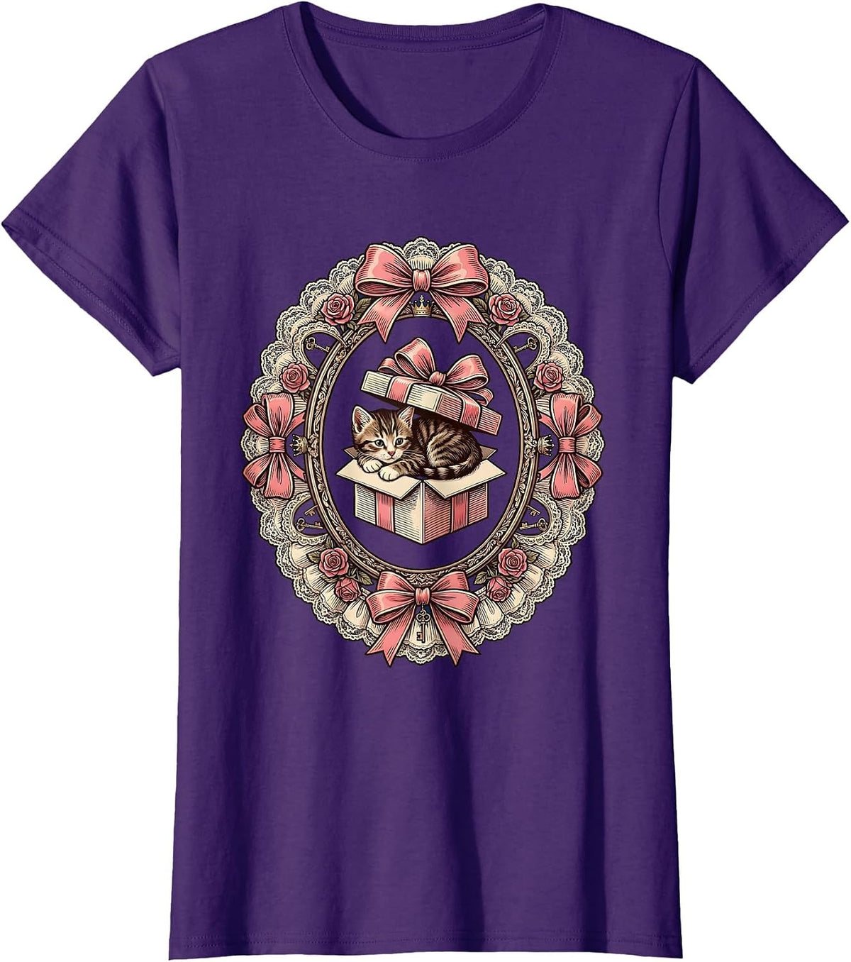 Women's Tabby Kitten Curled in Gift Box Illustration T-Shirt - Purple