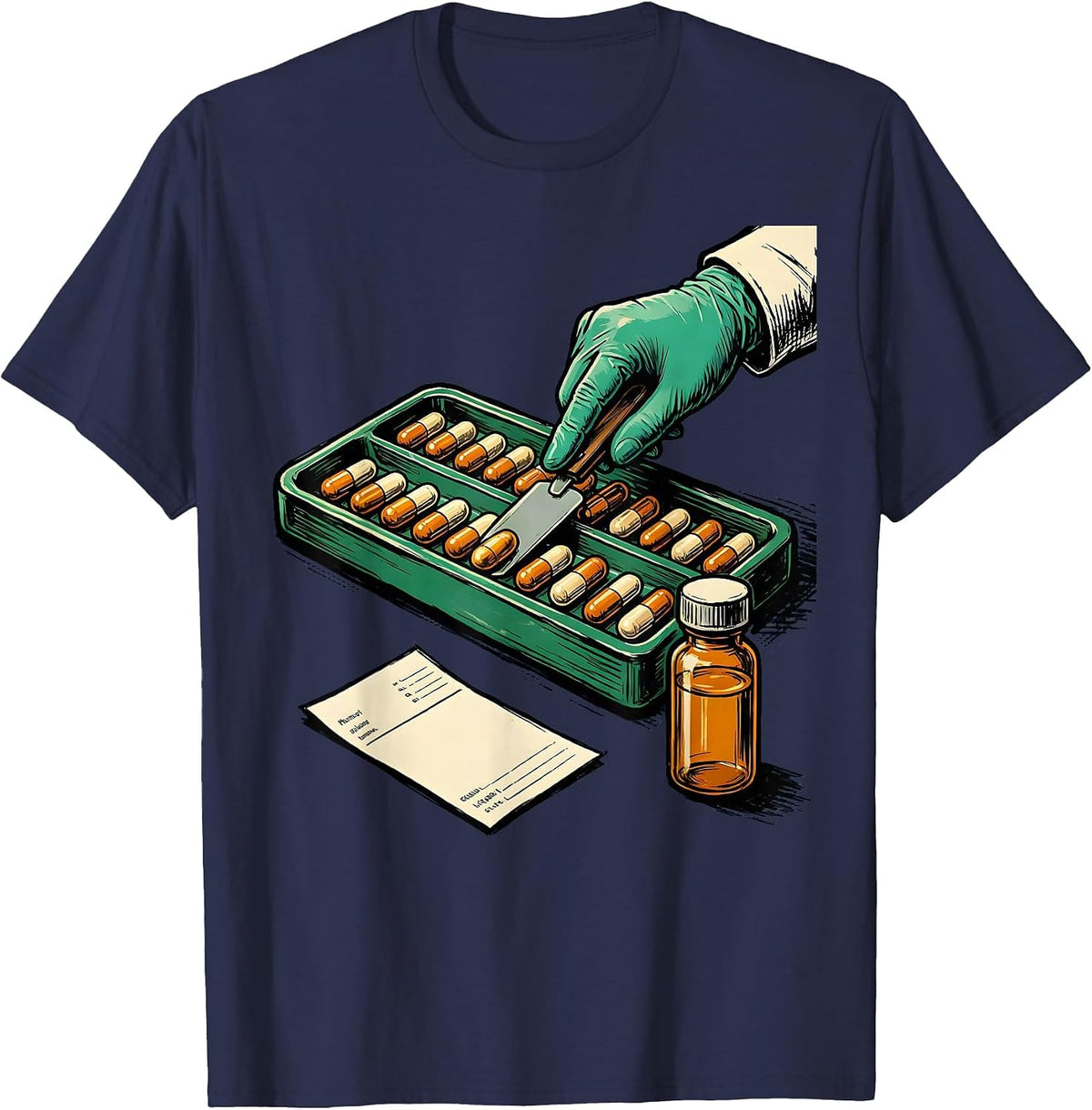 Men's Pill Counting Tray Pharmacy Tech Occupational Humor T-Shirt - Navy Blue