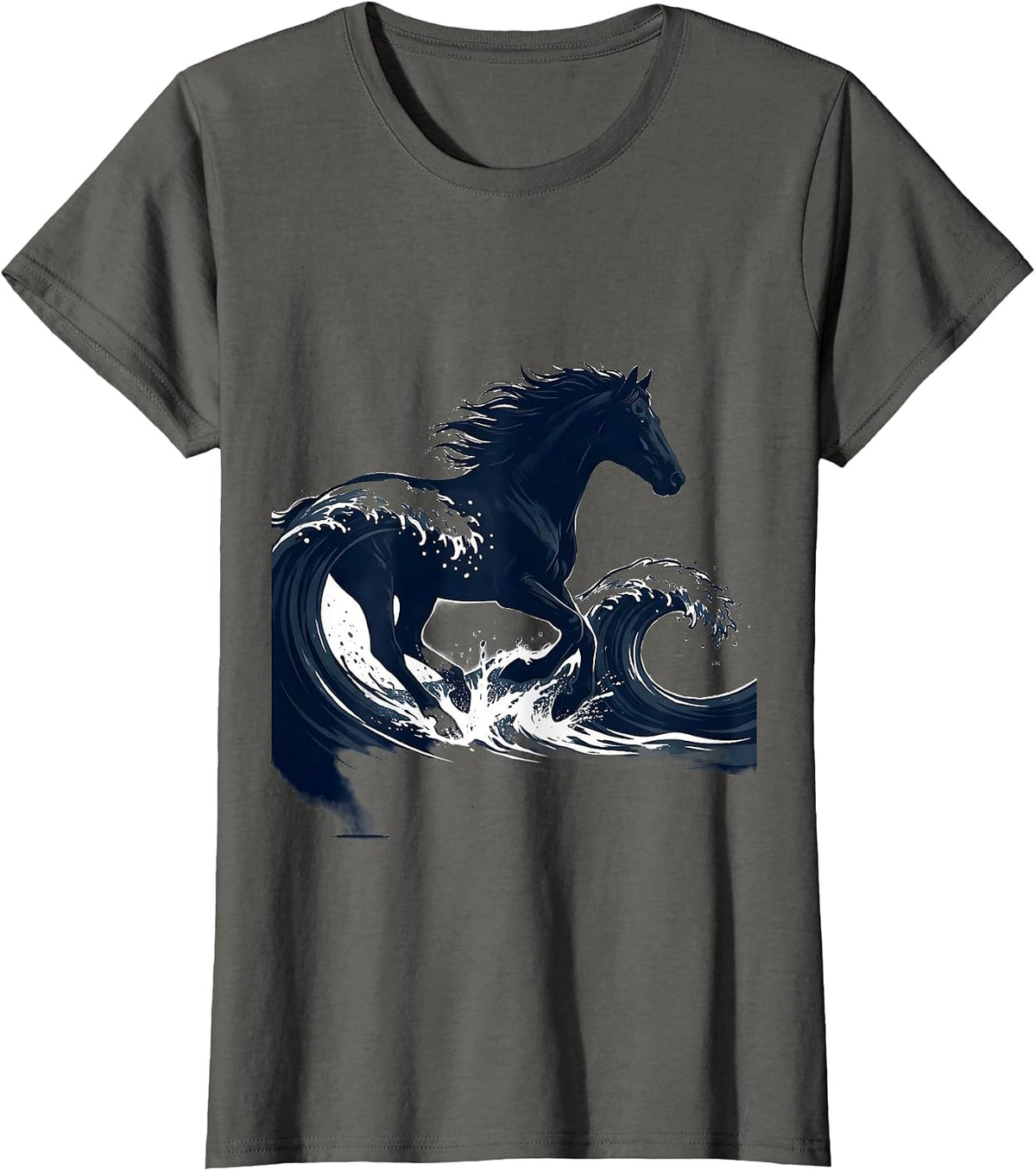 Women's White Freedom Horse Galloping Ocean Waves Design T-Shirt - Asphalt Grey