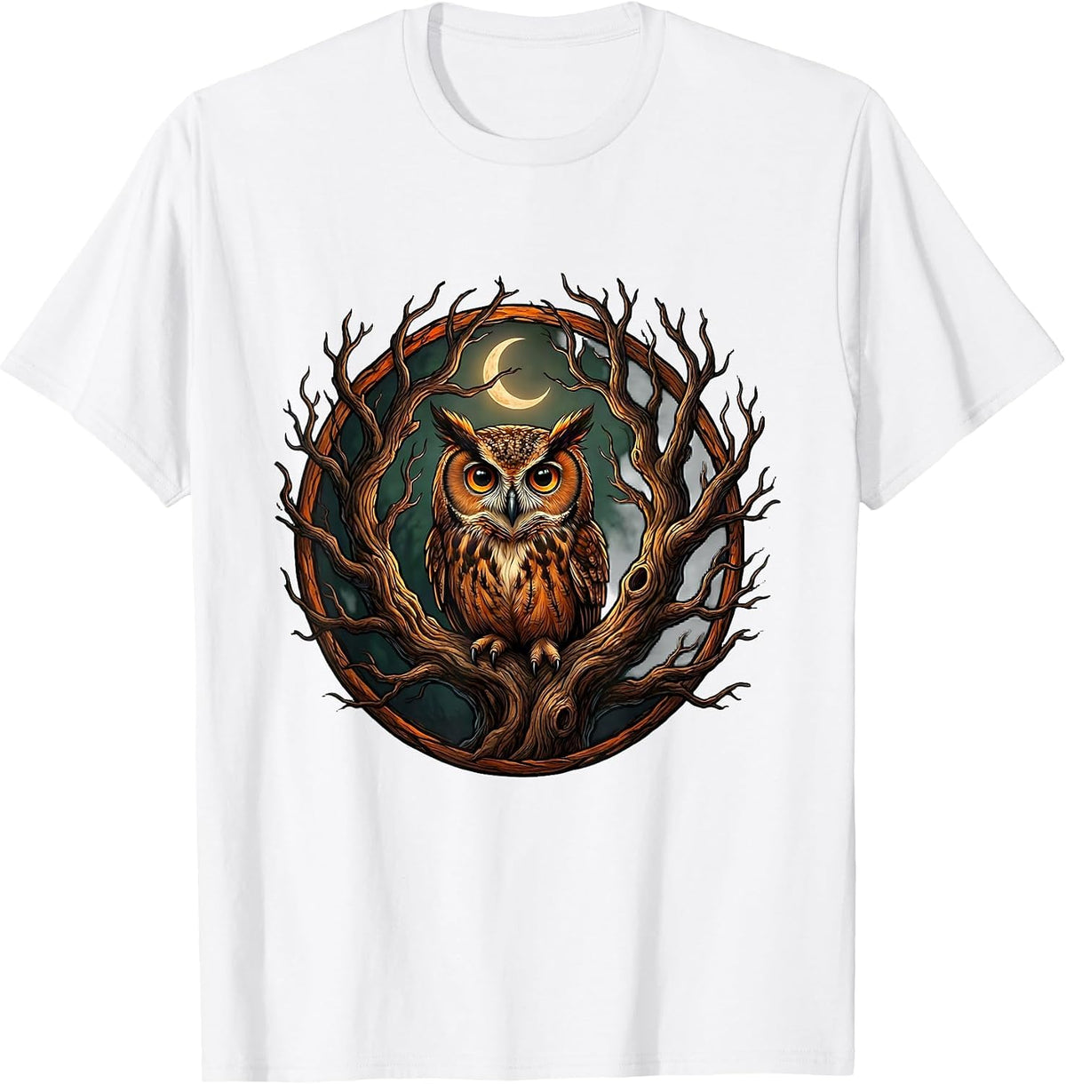 Men's Halloween Owl Glowing Eyes Dead Tree Illustration T-Shirt - White