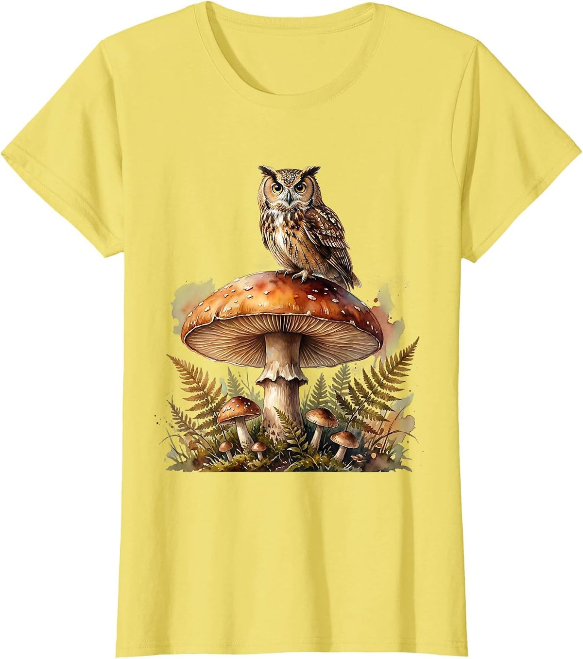 Owl on Mushroom Enchanted Forest Graphic T-Shirt - Lemon Yellow