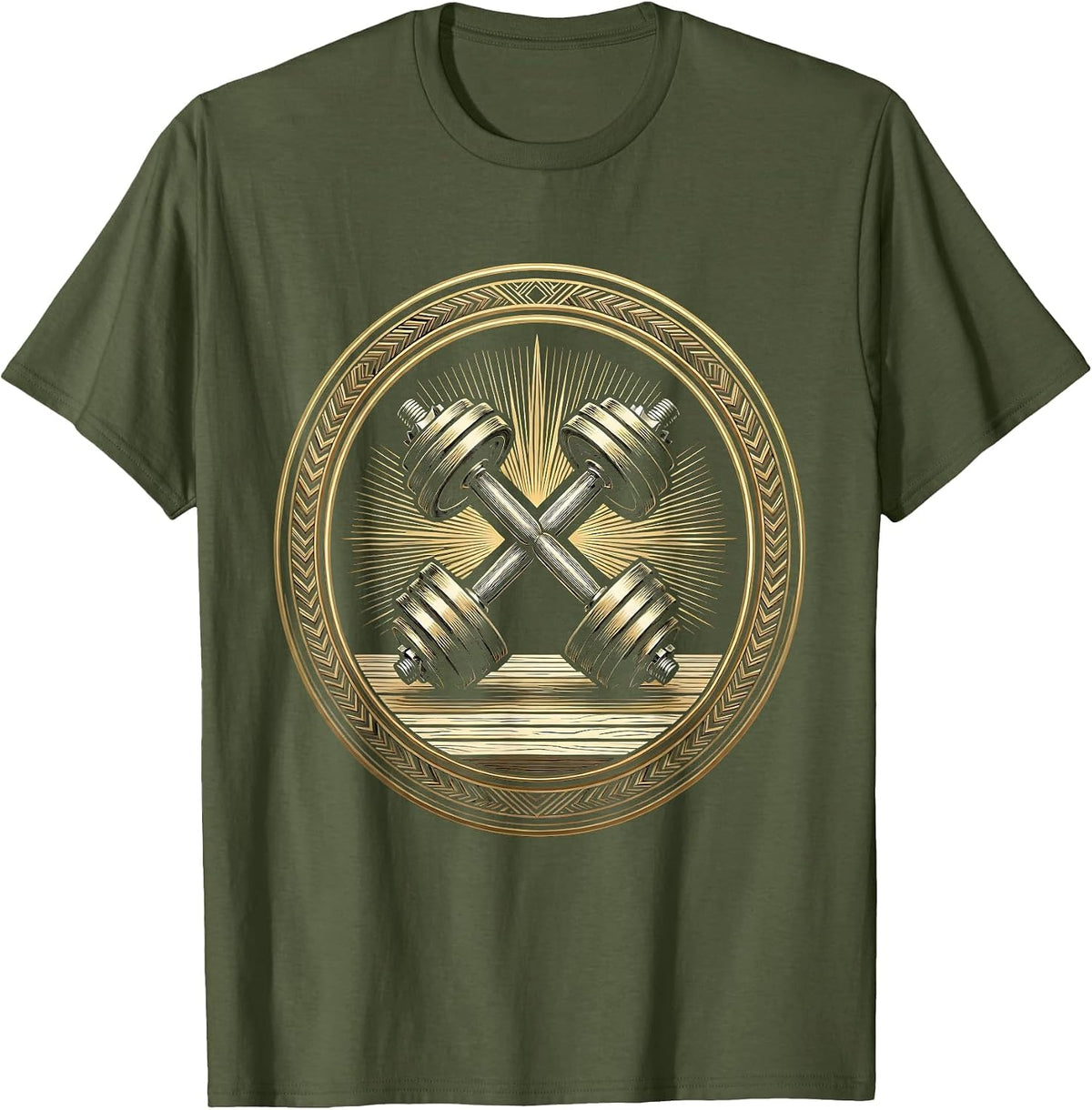 Vintage Classic Dumbbell Weights Gym Illustration T-Shirt - Olive Green