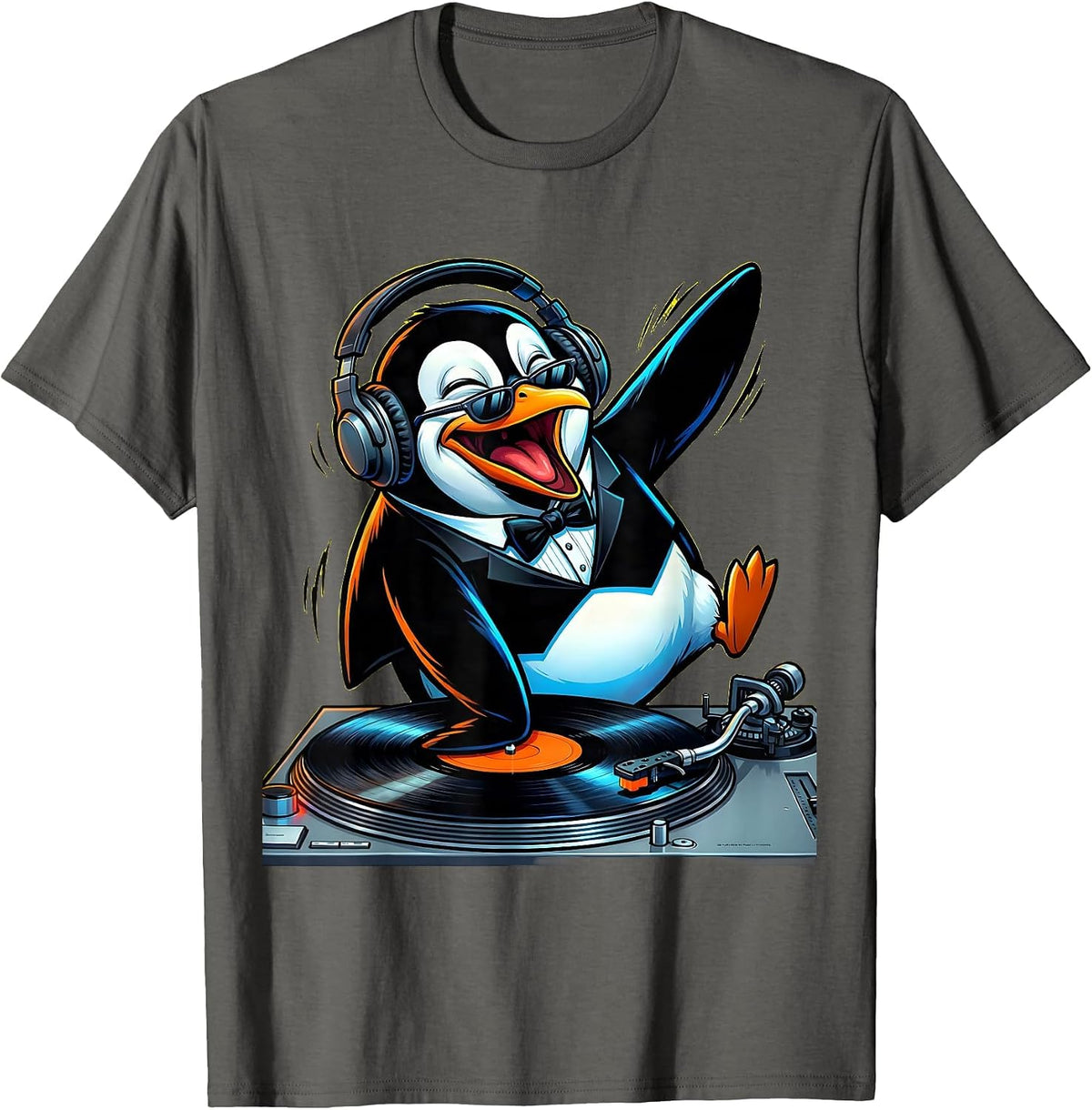 Men's Penguin DJ Spinning Records Turntable Graphic T-Shirt - Asphalt Grey