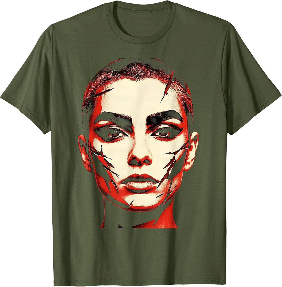 Punk Buzzcut Girl Bold Eye Makeup Graphic Tee T-Shirt - Olive Green