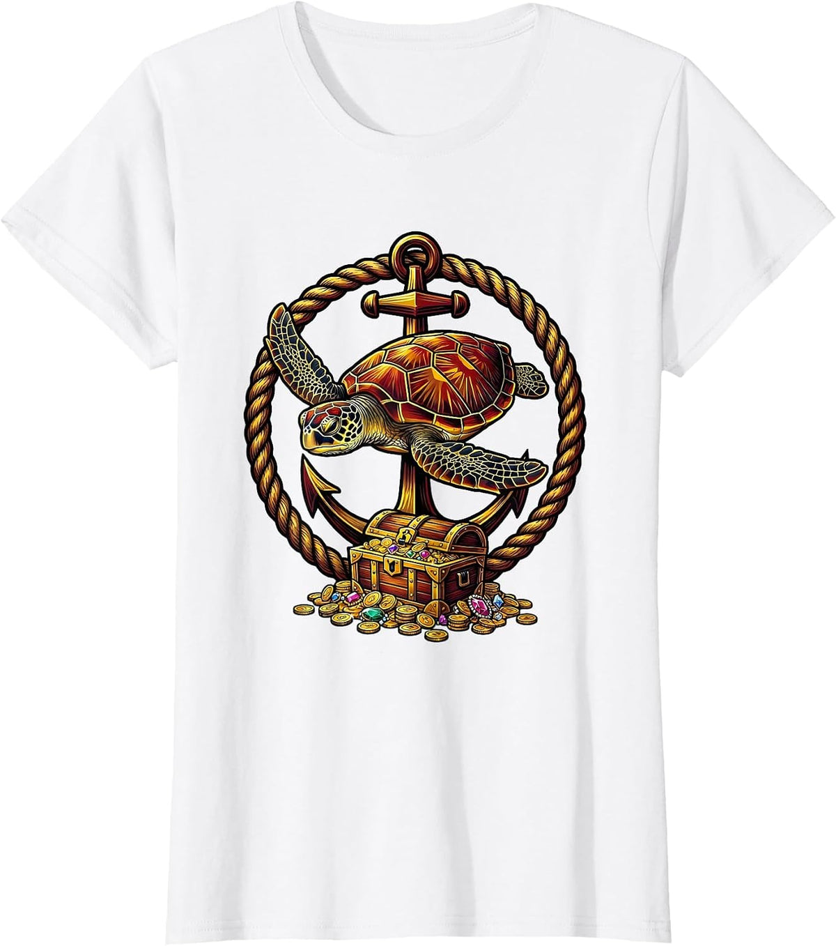 Sea Turtle Sunken Treasure Pirate Ocean Design T-Shirt - White
