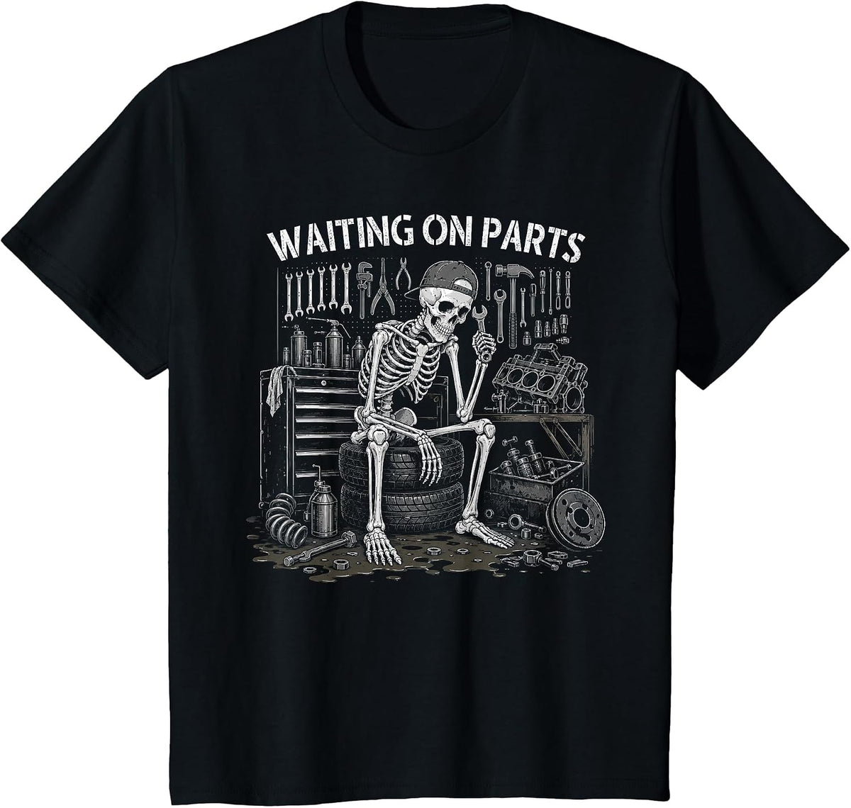 Funny Waiting On Parts Mechanic Skeleton Auto Repair Life T-Shirt - Black