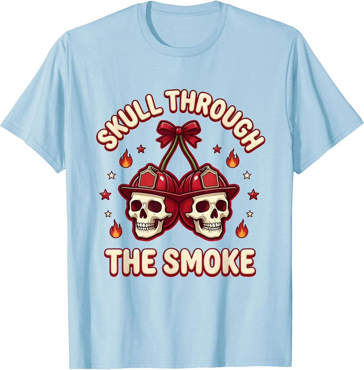 Men's Halloween Firefighter Skull Through the Smoke Design T-Shirt - Baby Blue
