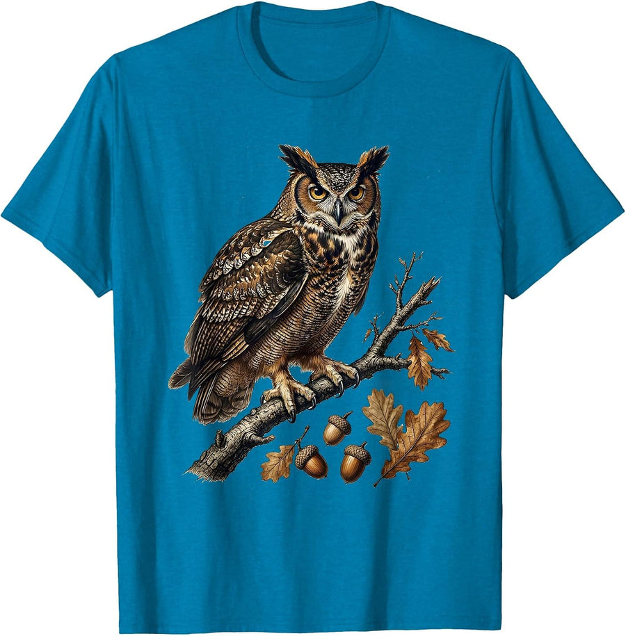 Owl on Moonlit Branch Fall Night Illustration T-Shirt - Sapphire Blue