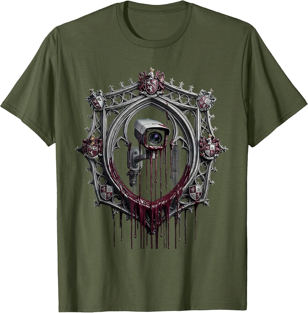 Men's Dripping Paint Surveillance Camera Punk Art T-Shirt - Olive Green