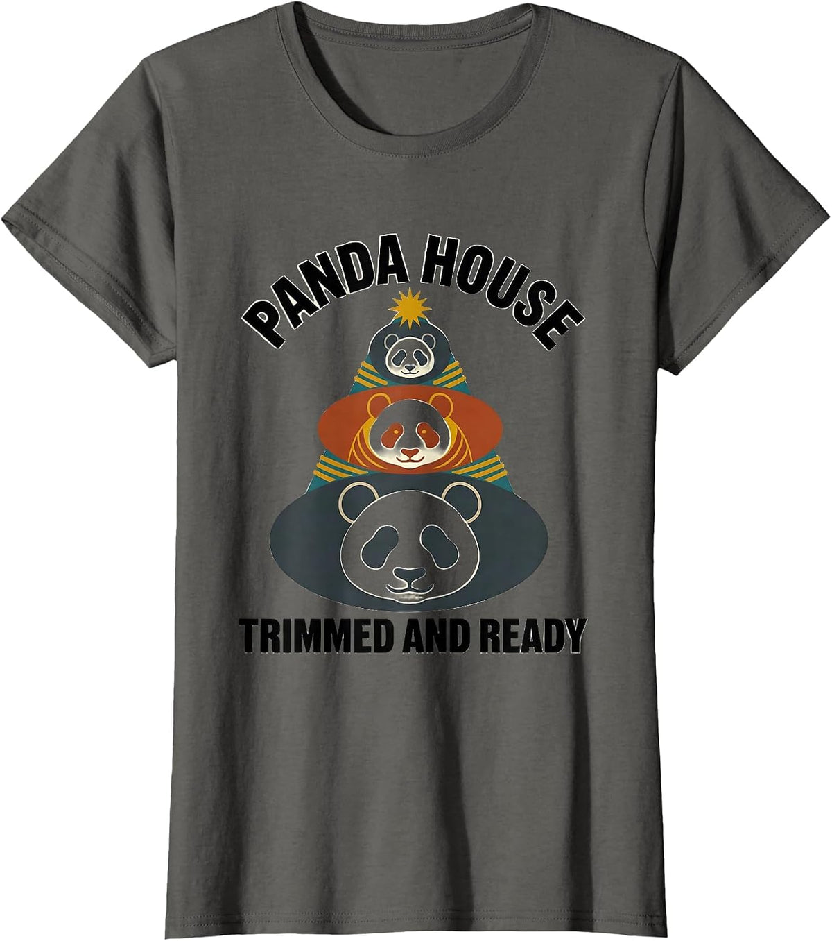 Women's Panda House Trimmed And Ready Midcentury Modern Animal Lover T-Shirt - Asphalt Grey