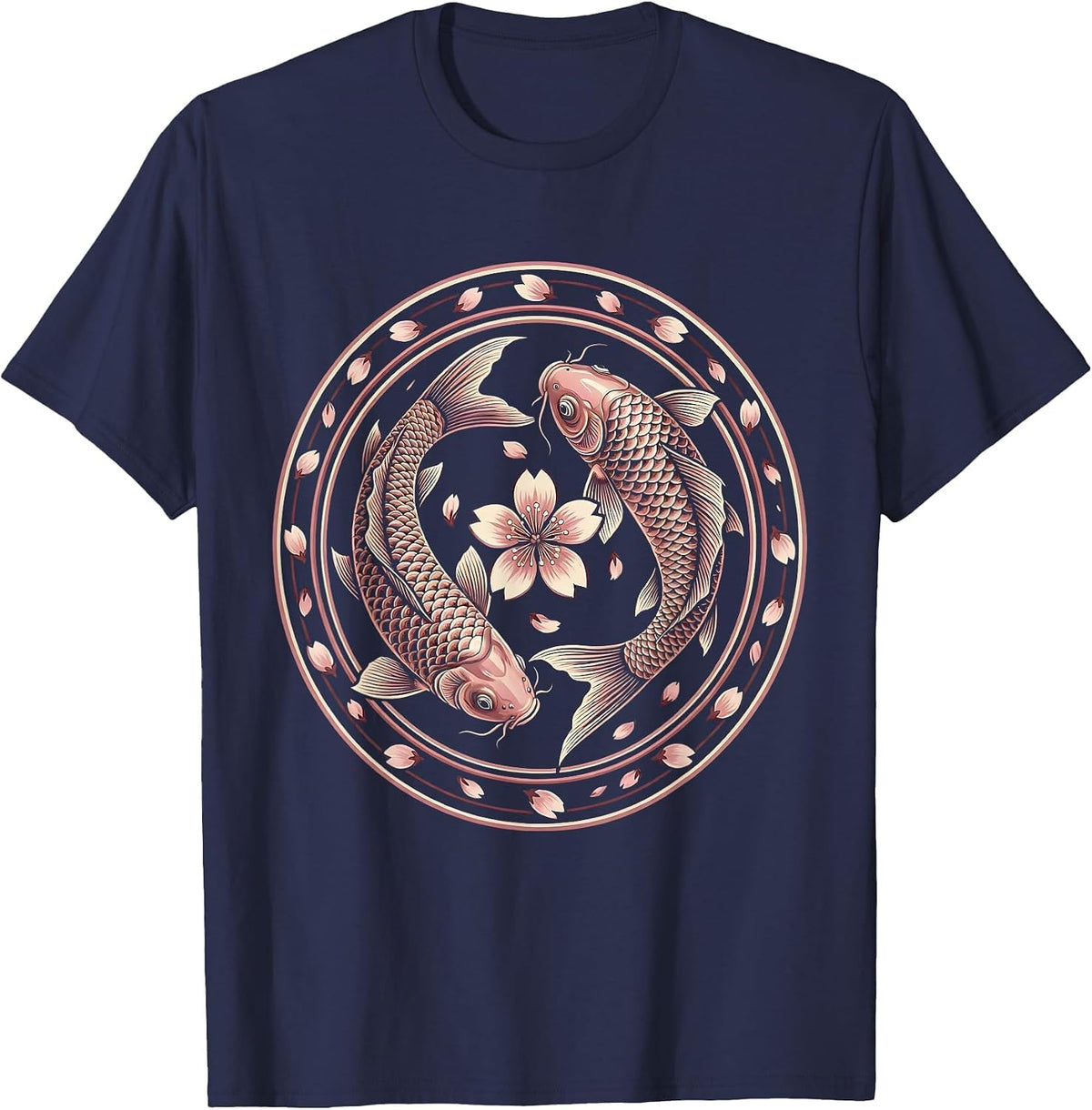 Men's Koi Fish Pink Cherry Blossom Breast Cancer Awareness T-Shirt - Navy Blue