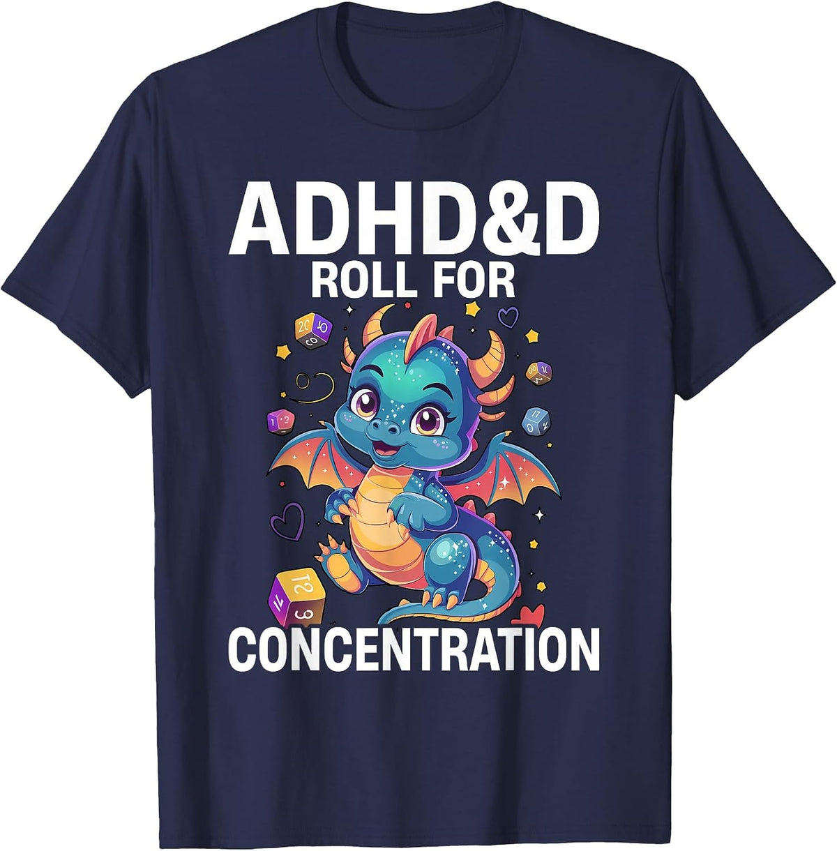 ADHD&D Roll for Concentration Cute Watercolor Dragon T-Shirt - Navy Blue