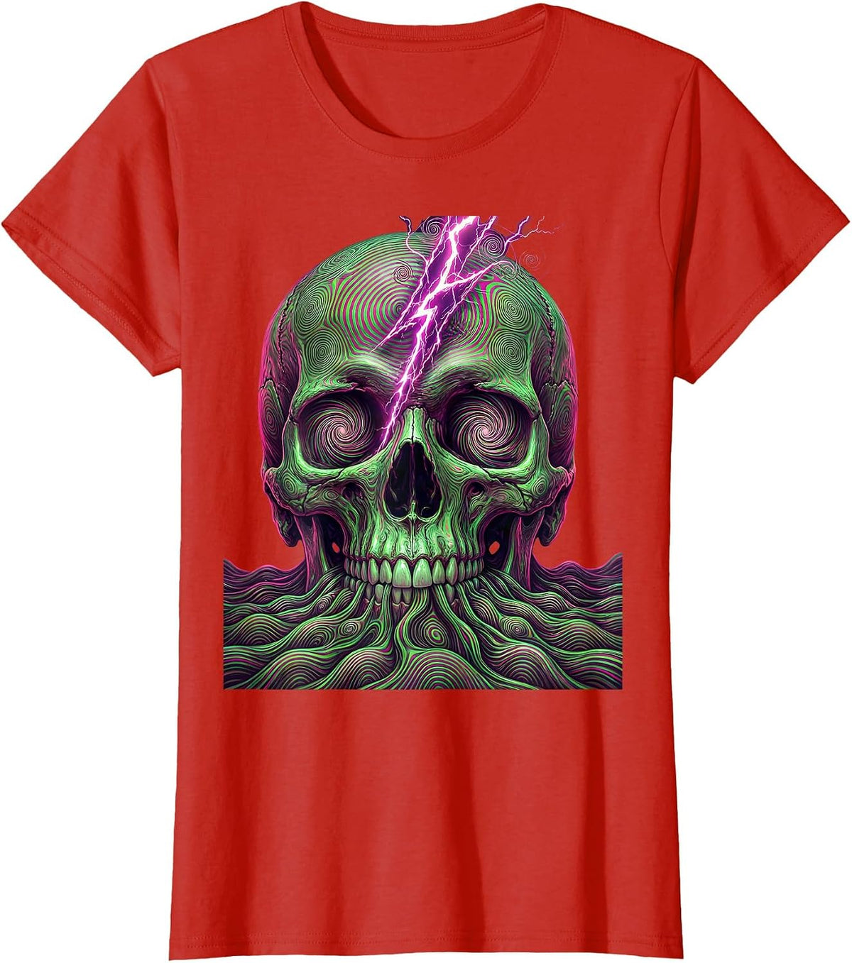 Women's Skull Lightning Bolt Metal Band Graphic T-Shirt - Red