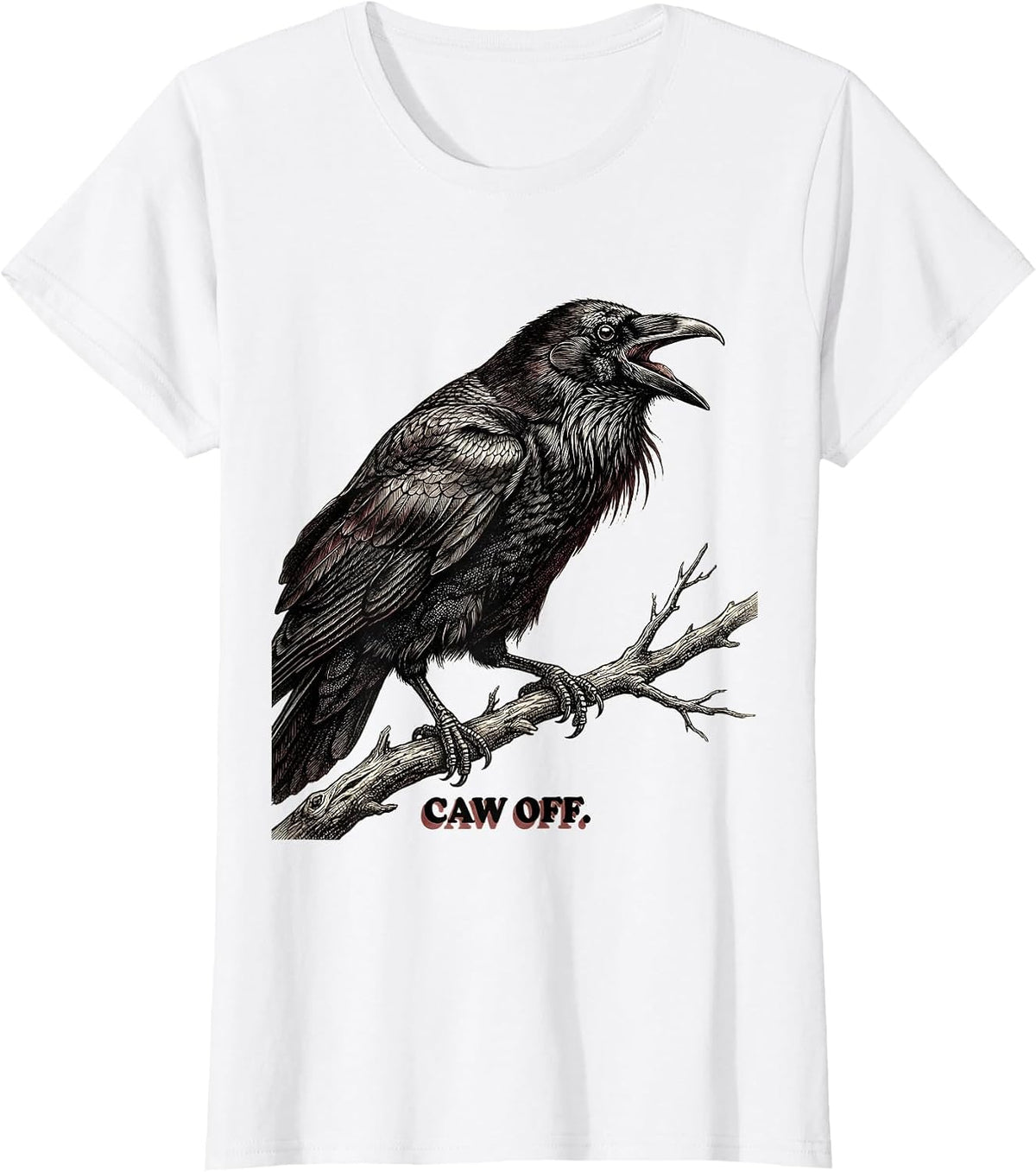 CAW OFF Crosshatch Etching Crow Meme Humor Bird Lover Gift T-Shirt - White