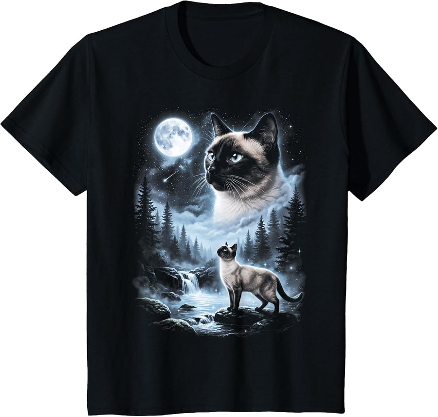 Siamese Cat Howling at Moon 90's Retro T-Shirt - Black