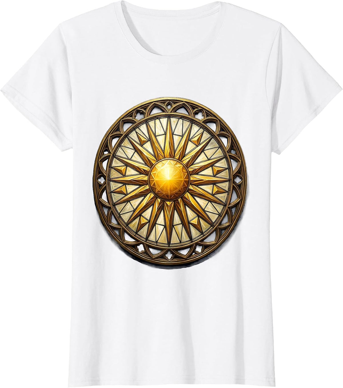 Stained Glass Geometric Sun Religious Design T-Shirt - White