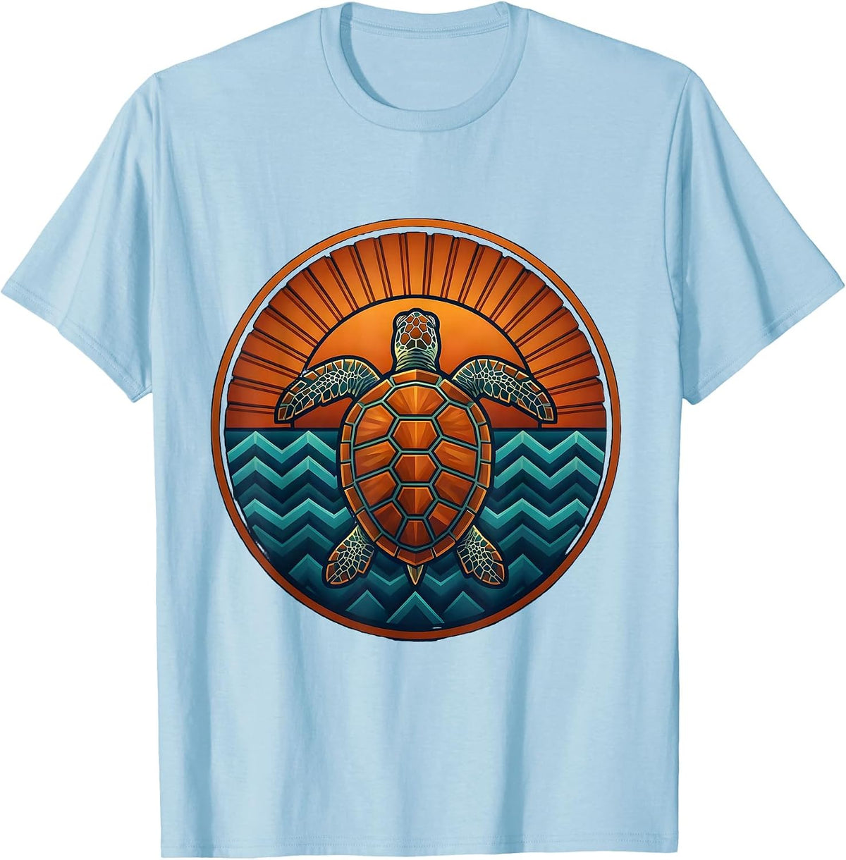 Men's Turtle Floating on Calm Ocean at Sunset T-Shirt - Baby Blue